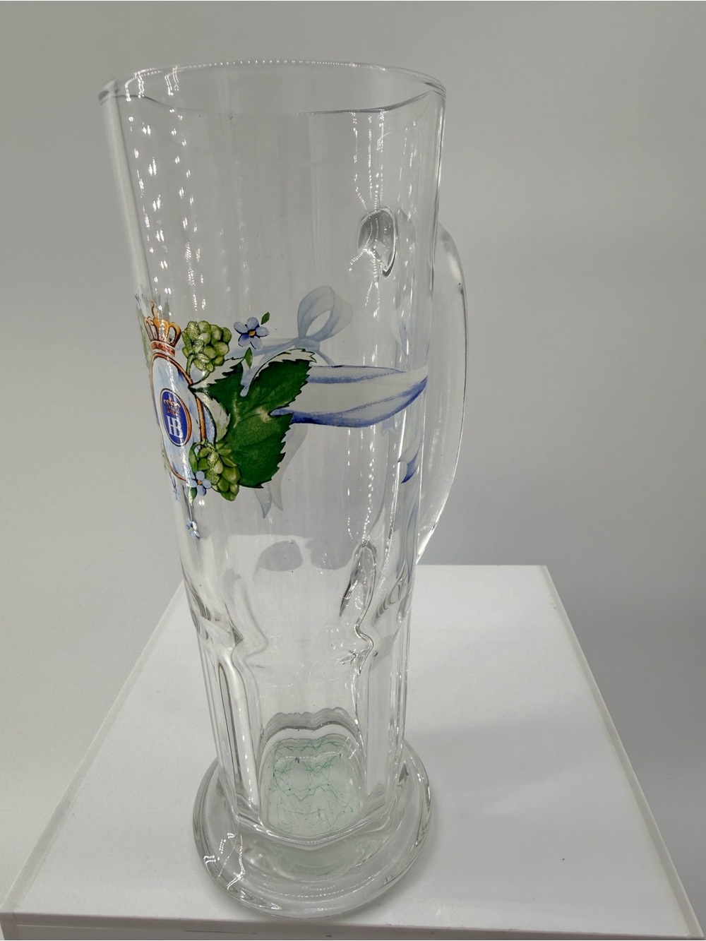 HB Emblem Clear Glass Stein with Green and Blue Floral Accent